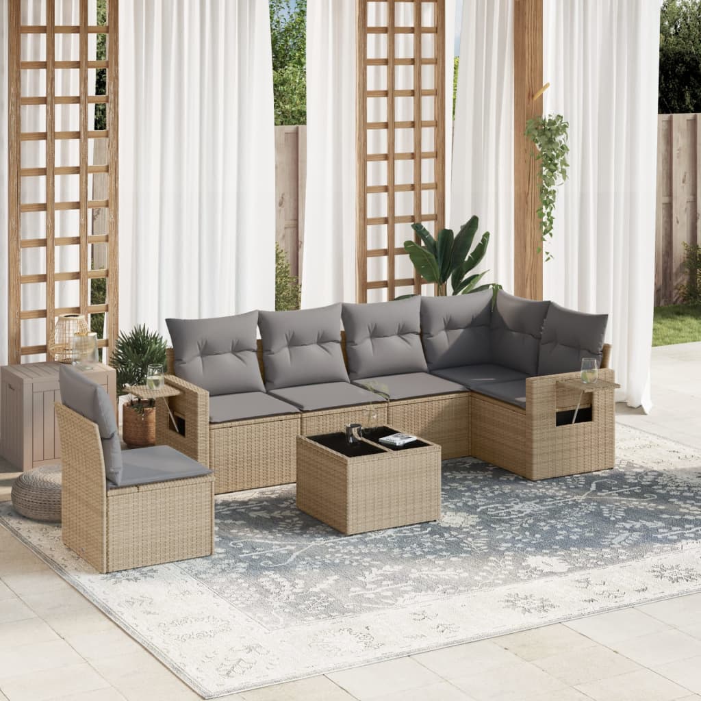 7-delige Loungeset met kussens poly rattan beige