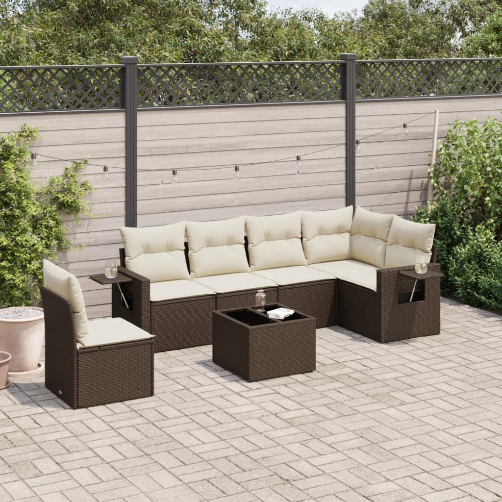 7-delige Loungeset met kussens poly rattan bruin