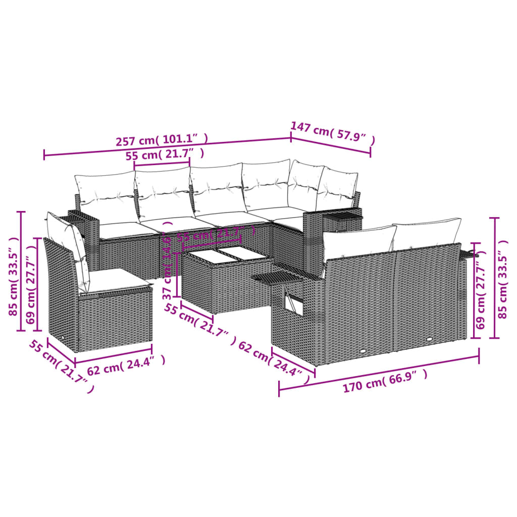 9-delige Loungeset met kussens poly rattan bruin