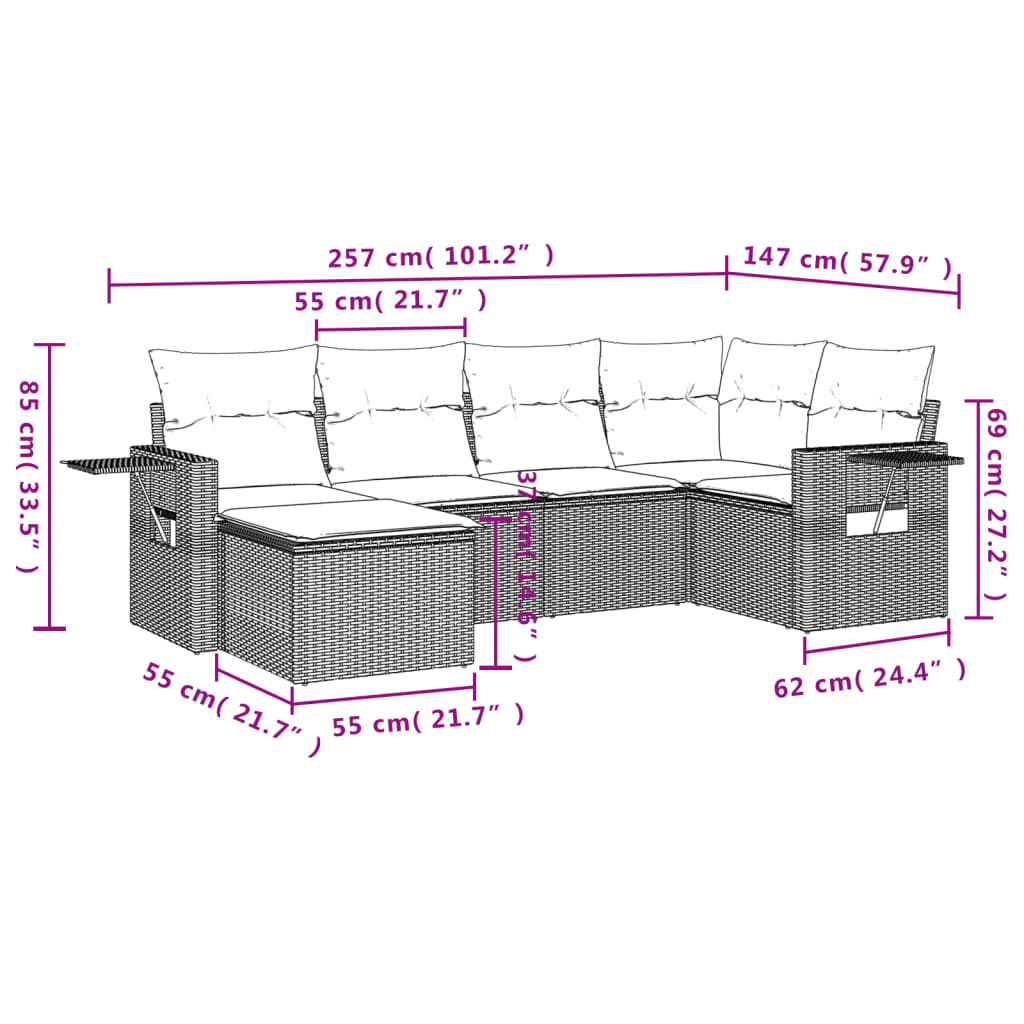 6-delige Loungeset met kussens poly rattan beige