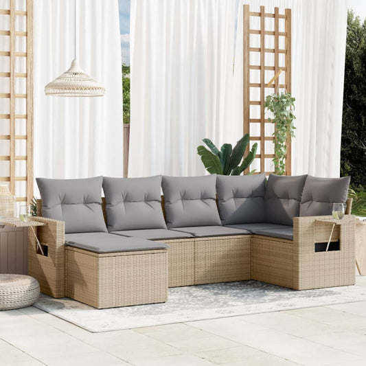 6-delige Loungeset met kussens poly rattan beige