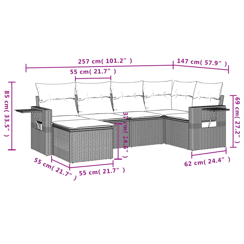 6-delige Loungeset met kussens poly rattan grijs