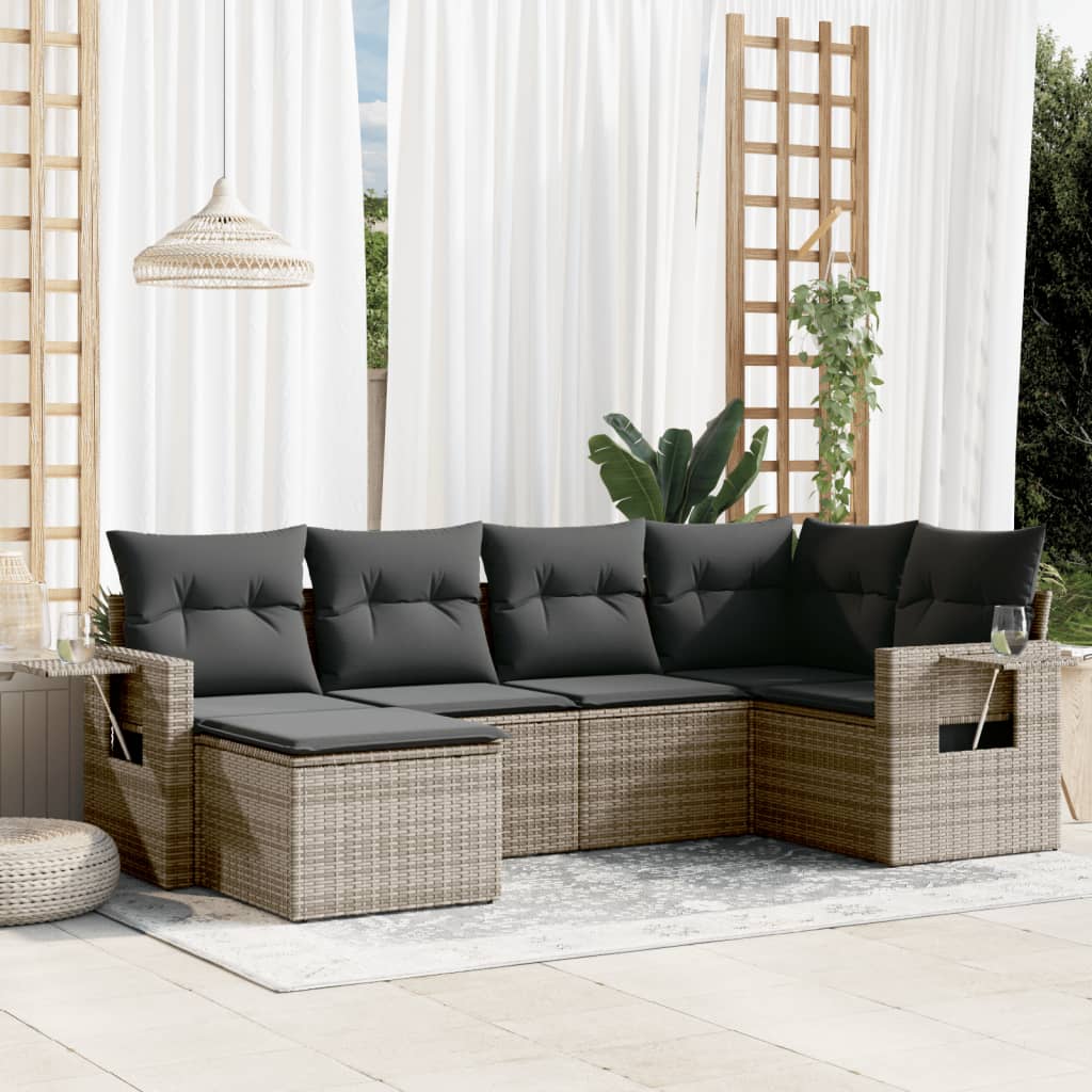 6-delige Loungeset met kussens poly rattan grijs