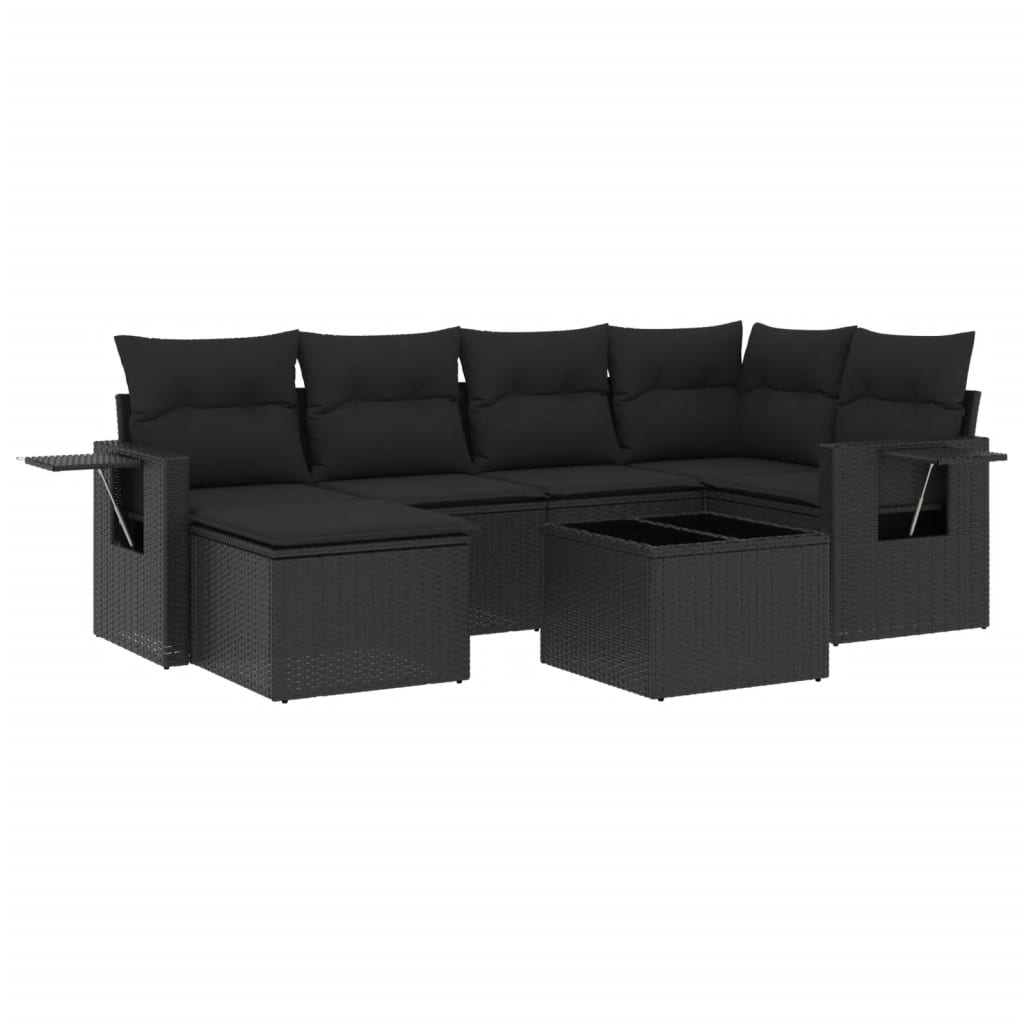 7-delige Loungeset met kussens poly rattan zwart