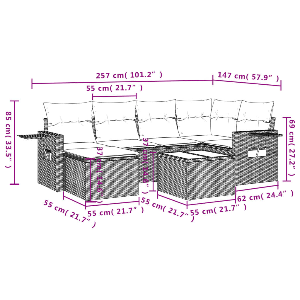 7-delige Loungeset met kussens poly rattan zwart