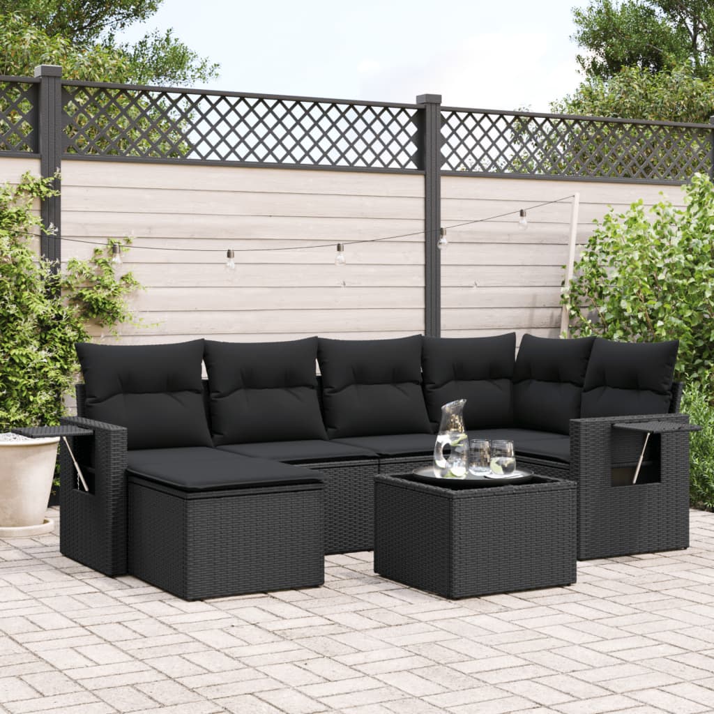 7-delige Loungeset met kussens poly rattan zwart