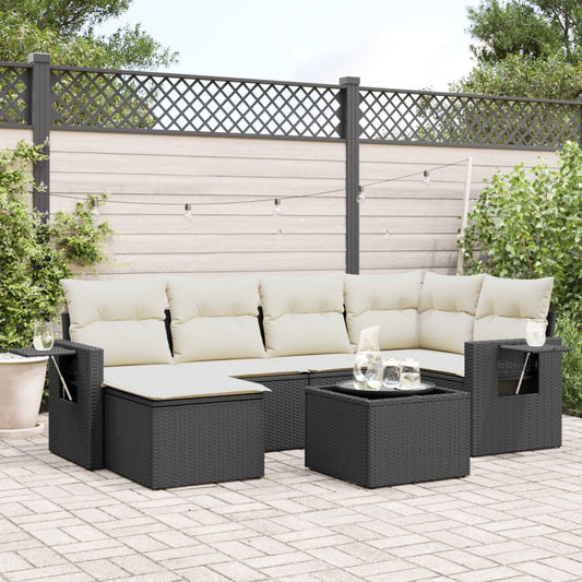 7-delige Loungeset met kussens poly rattan zwart