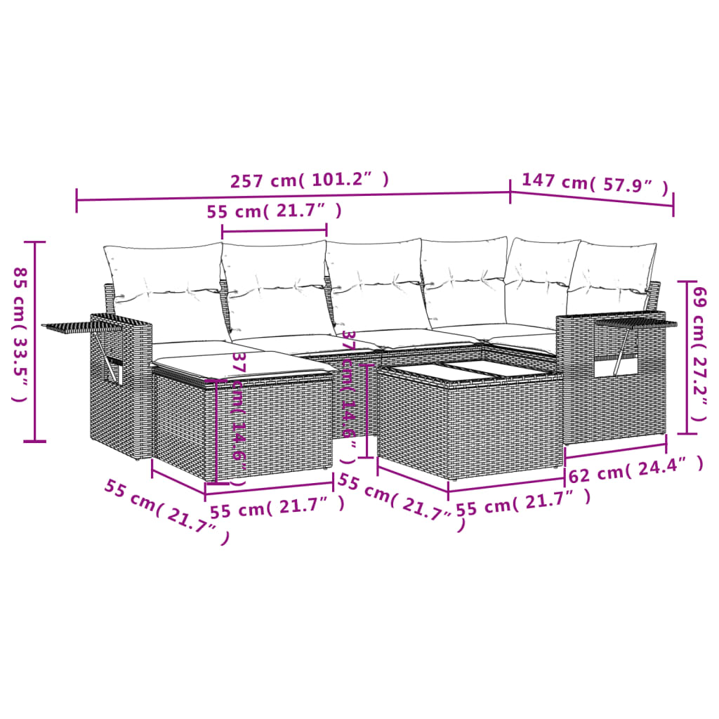 7-delige Loungeset met kussens poly rattan lichtgrijs