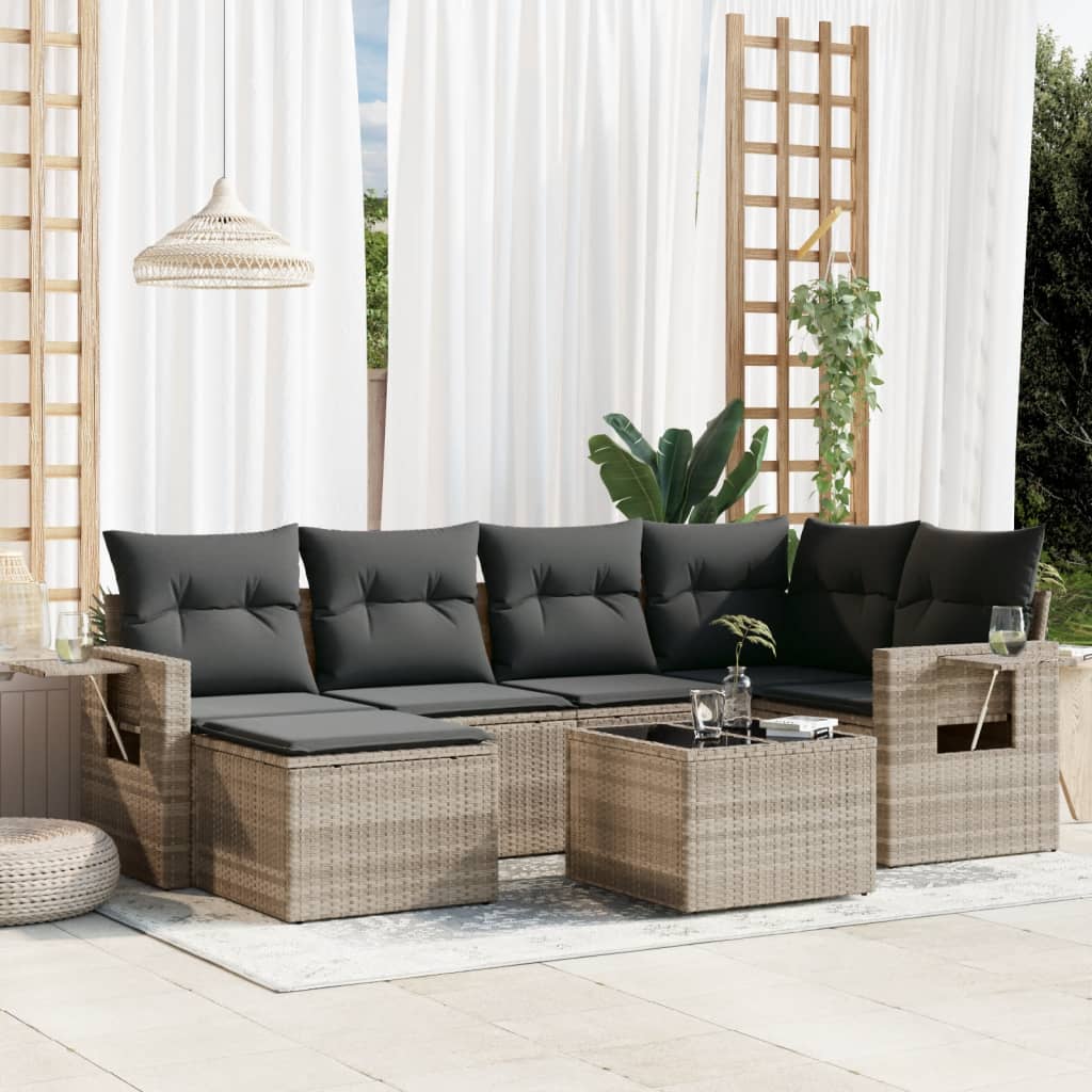 7-delige Loungeset met kussens poly rattan lichtgrijs