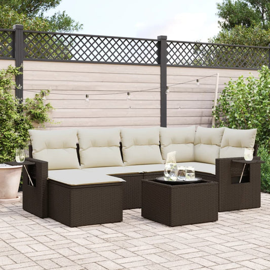 7-delige Loungeset met kussens poly rattan bruin