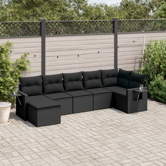 7-delige Loungeset met kussens poly rattan zwart