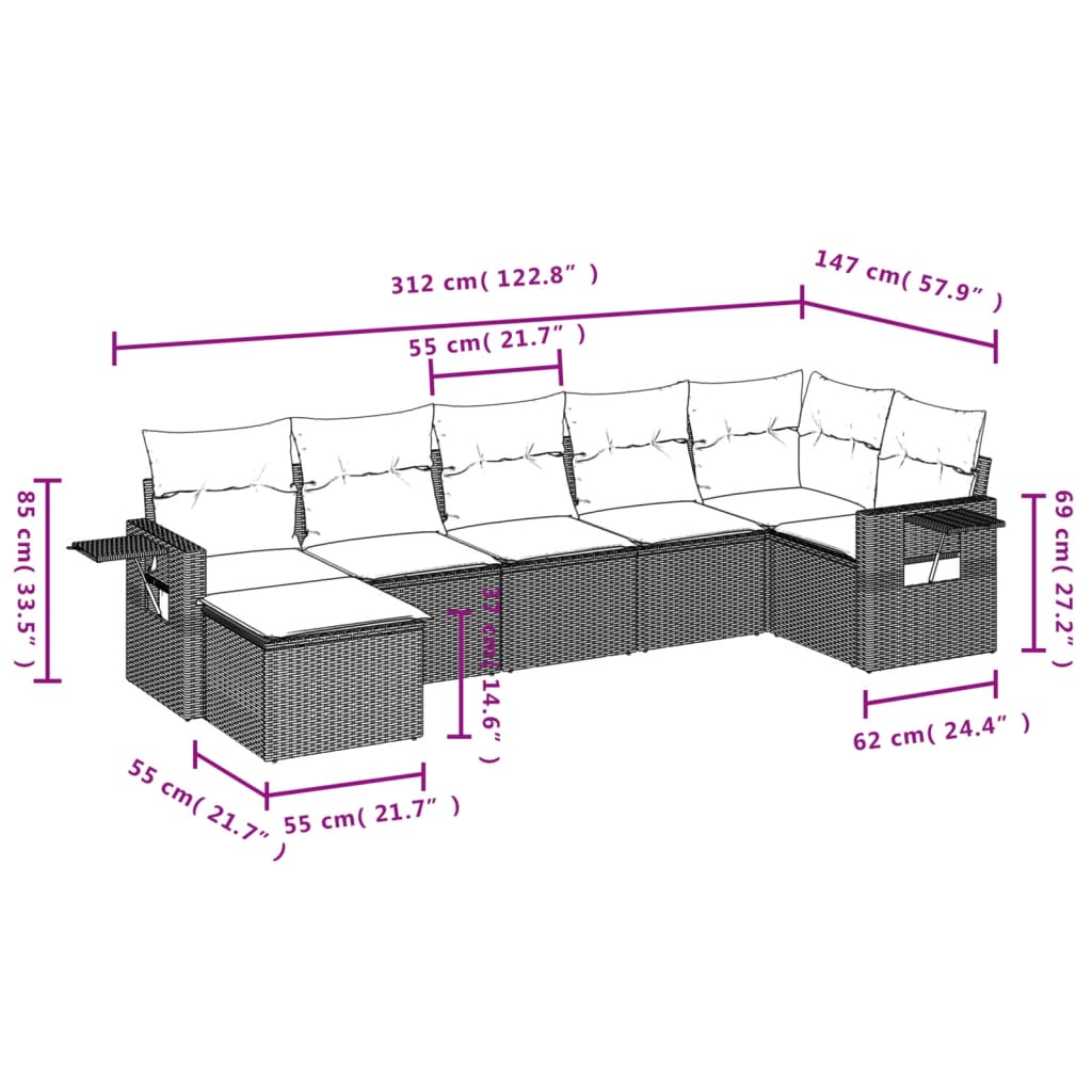 7-delige Loungeset met kussens poly rattan zwart