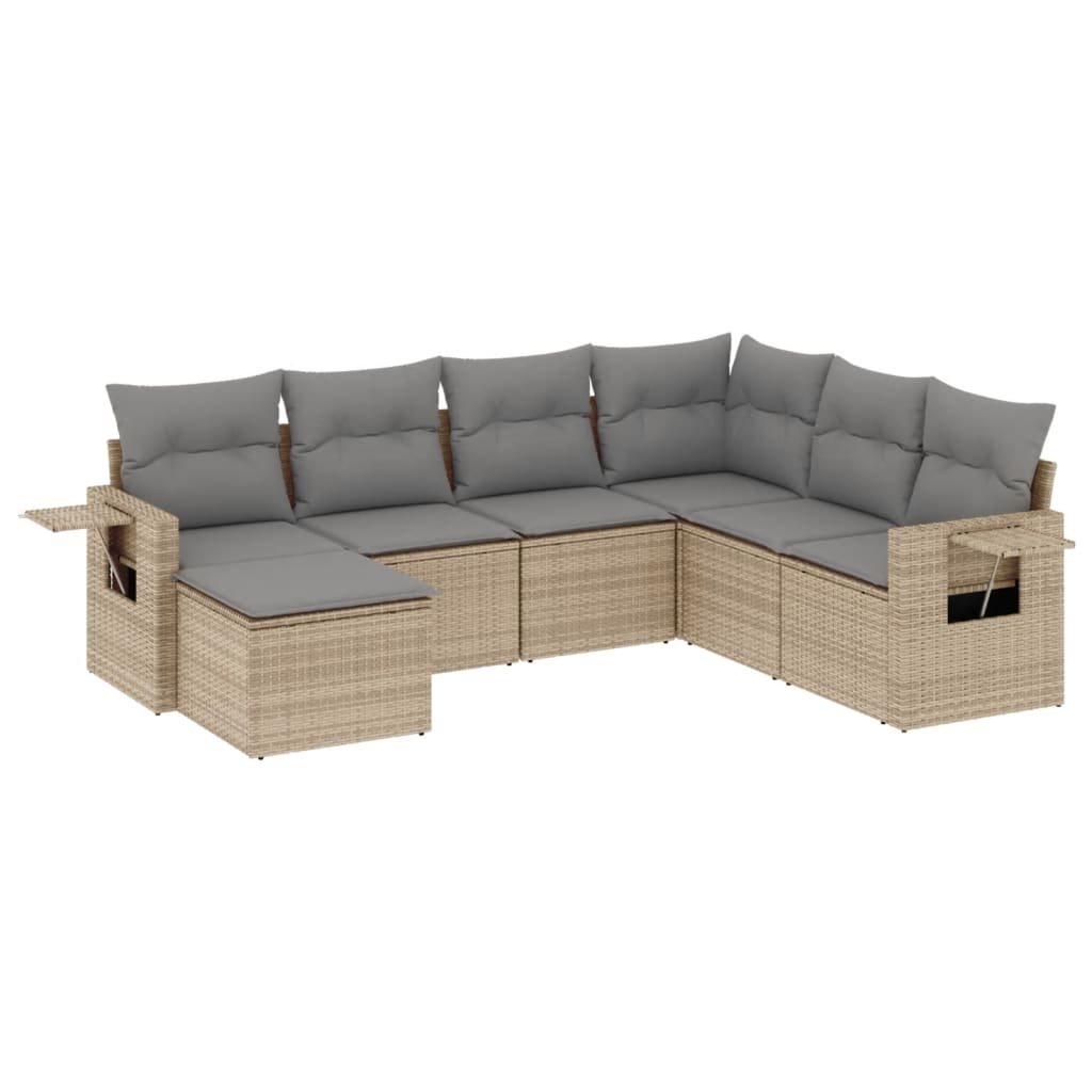 7-delige Loungeset met kussens poly rattan beige