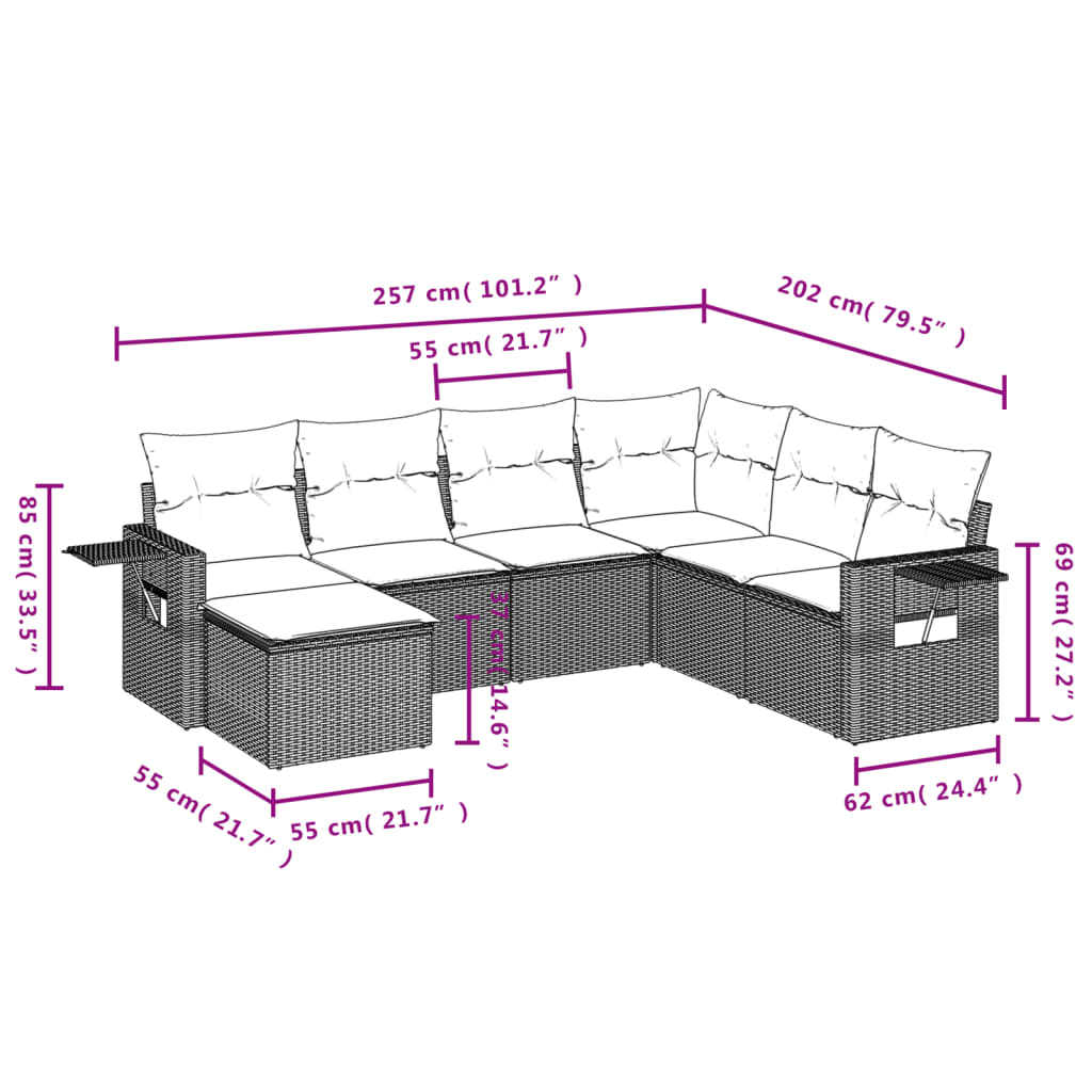 7-delige Loungeset met kussens poly rattan beige