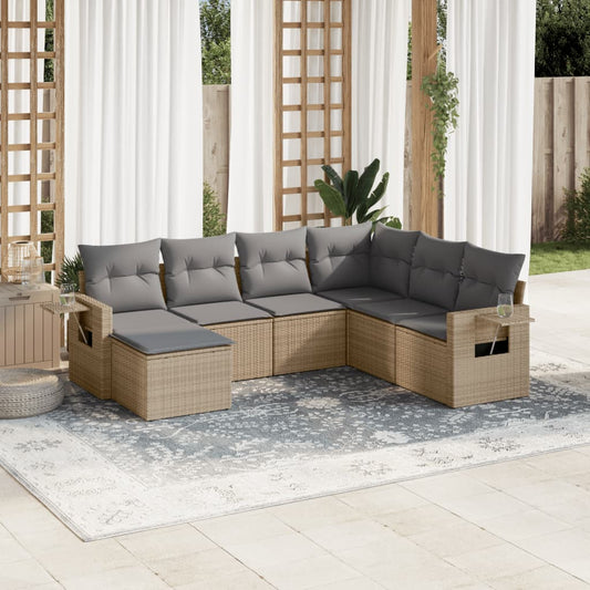 7-delige Loungeset met kussens poly rattan beige