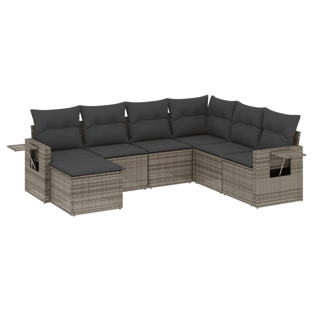 7-delige Loungeset met kussens poly rattan grijs