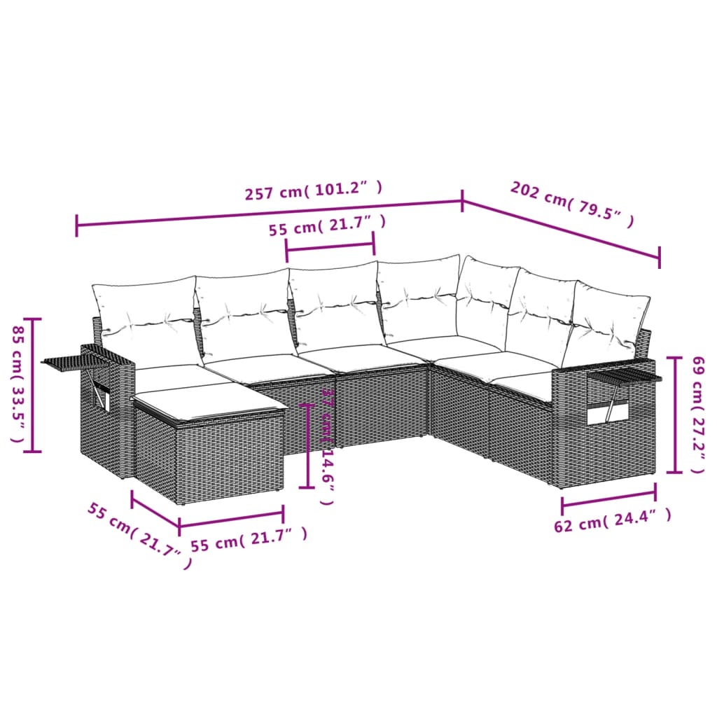 7-delige Loungeset met kussens poly rattan grijs