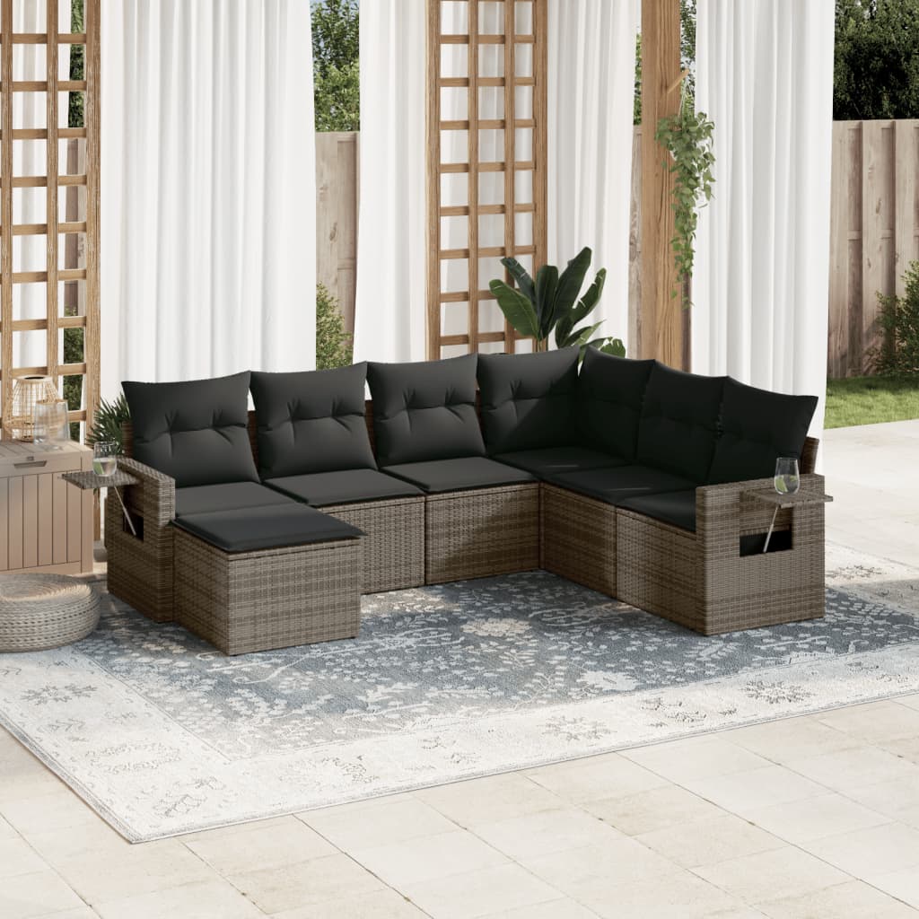 7-delige Loungeset met kussens poly rattan grijs