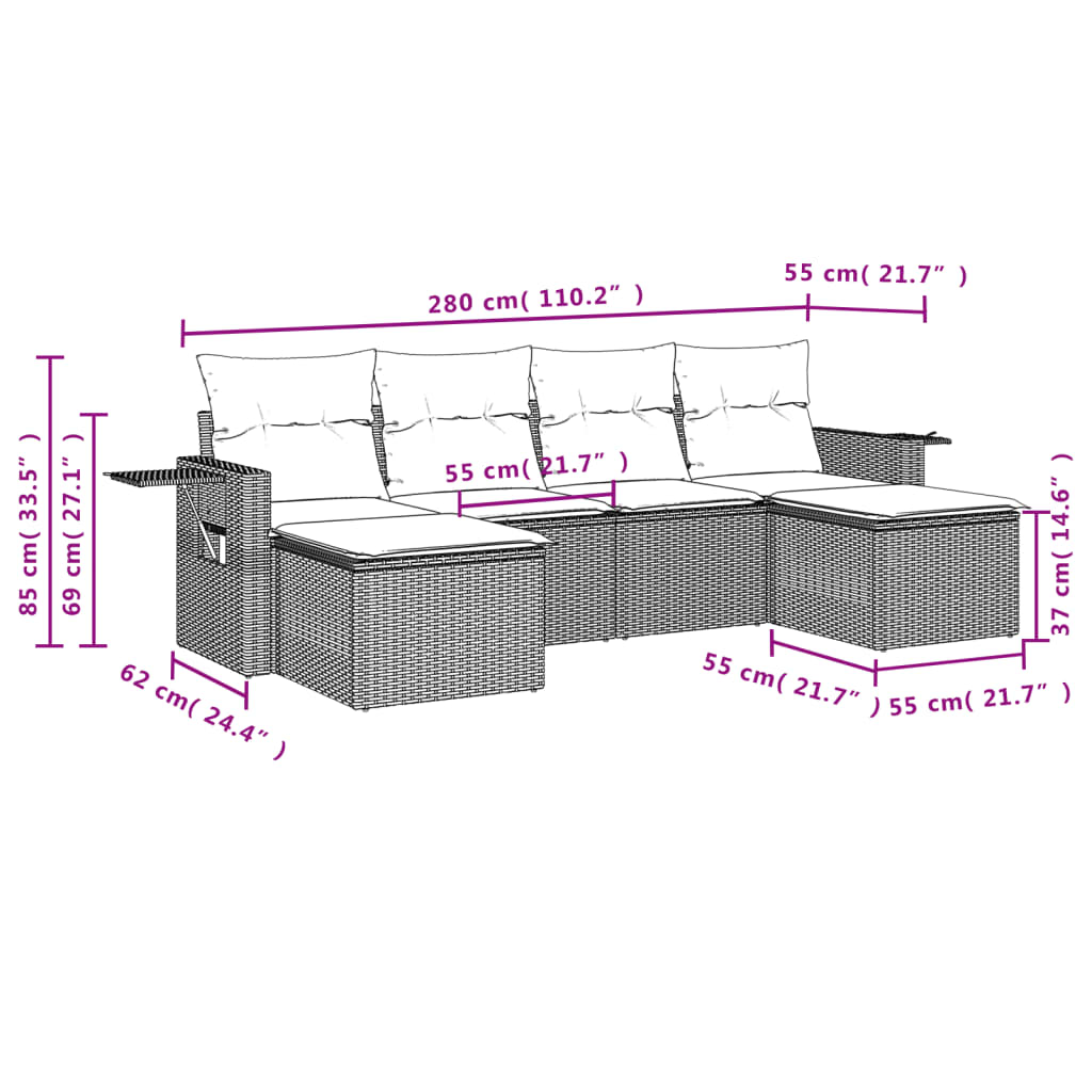 6-delige Loungeset met kussens poly rattan zwart