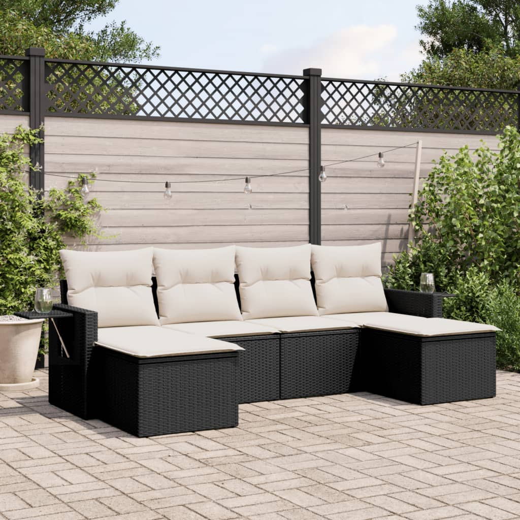 6-delige Loungeset met kussens poly rattan zwart