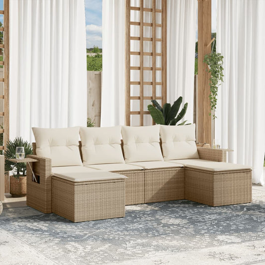 6-delige Loungeset met kussens poly rattan beige