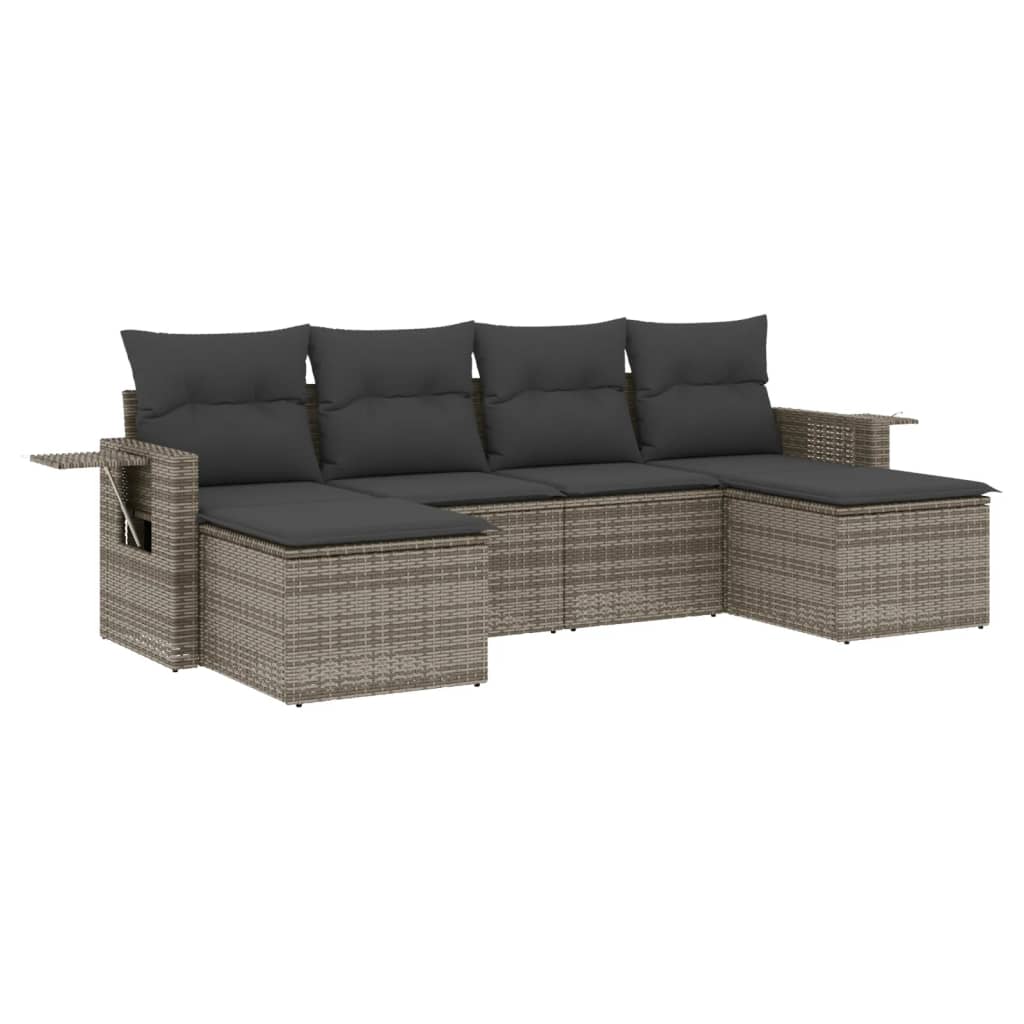 6-delige Loungeset met kussens poly rattan grijs