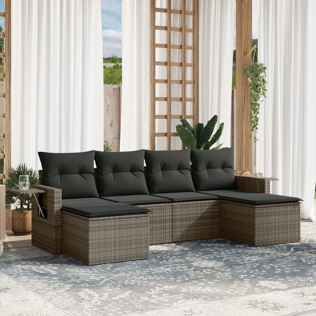 6-delige Loungeset met kussens poly rattan grijs