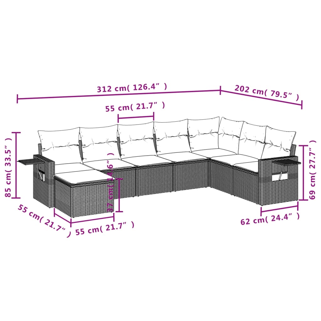 8-delige Loungeset met kussens poly rattan zwart