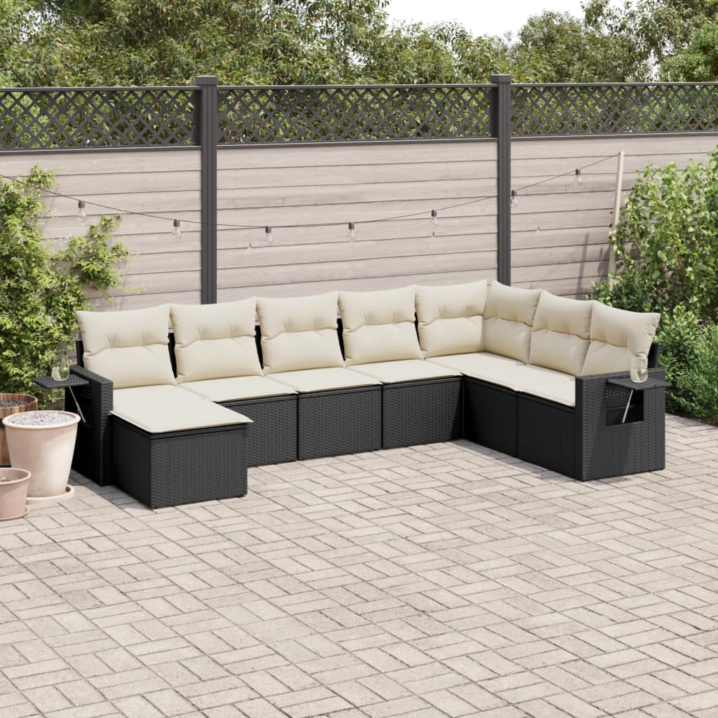 8-delige Loungeset met kussens poly rattan zwart