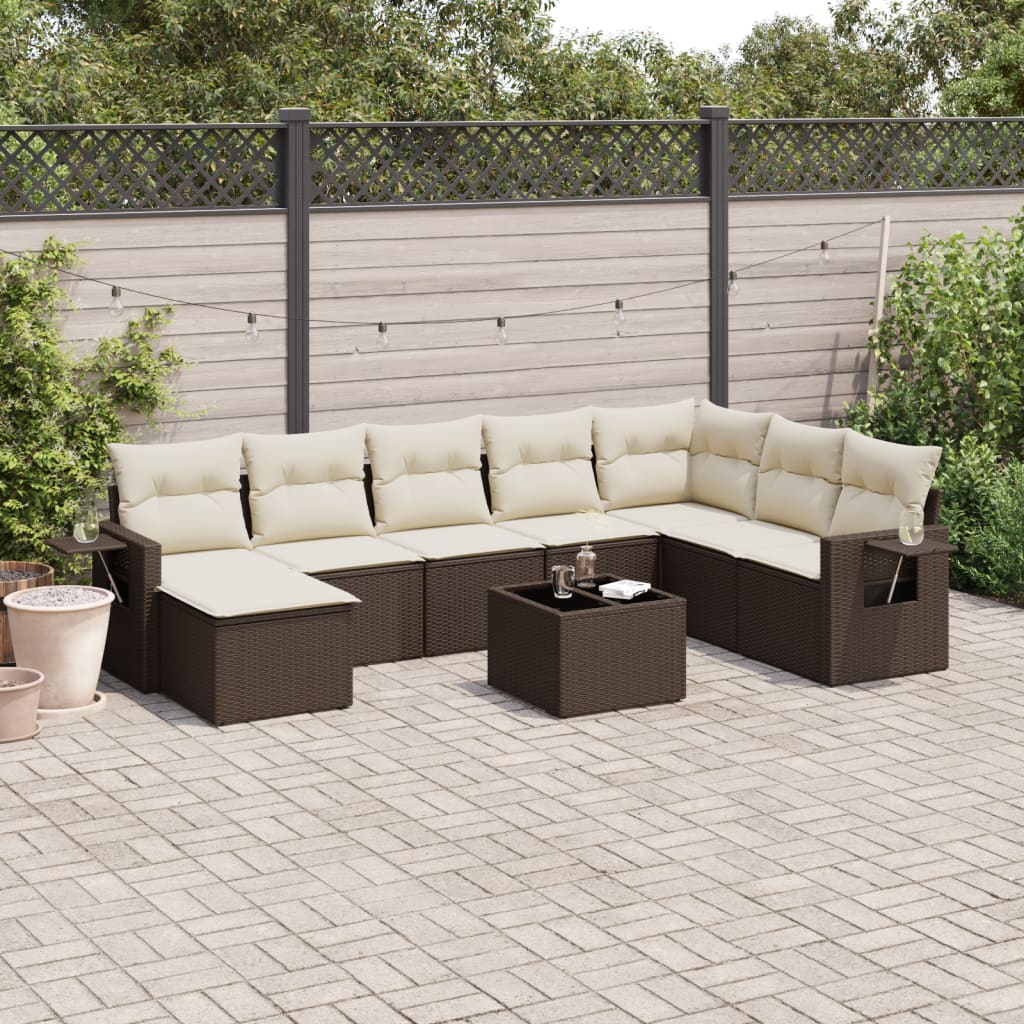 9-delige Loungeset met kussens poly rattan bruin