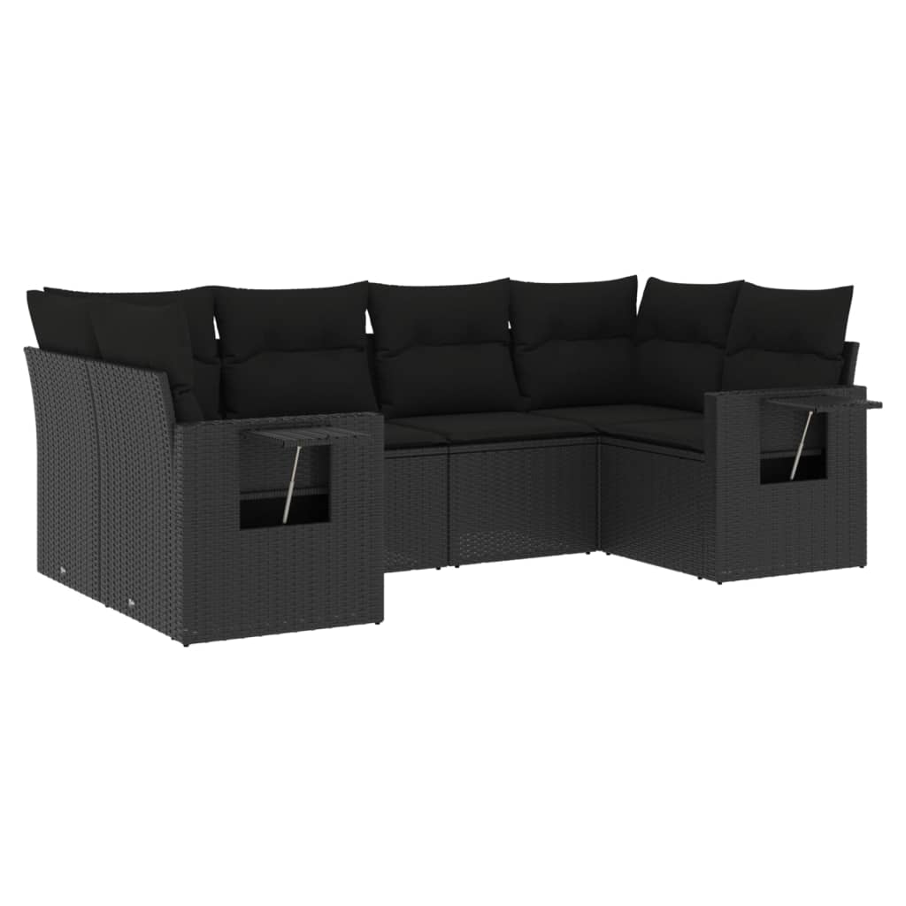 6-delige Loungeset met kussens poly rattan zwart