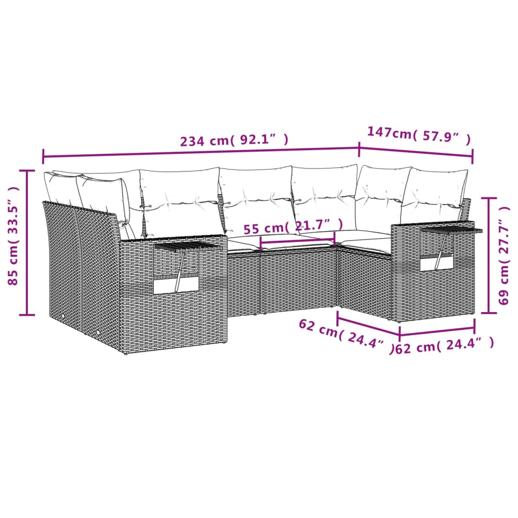 6-delige Loungeset met kussens poly rattan zwart