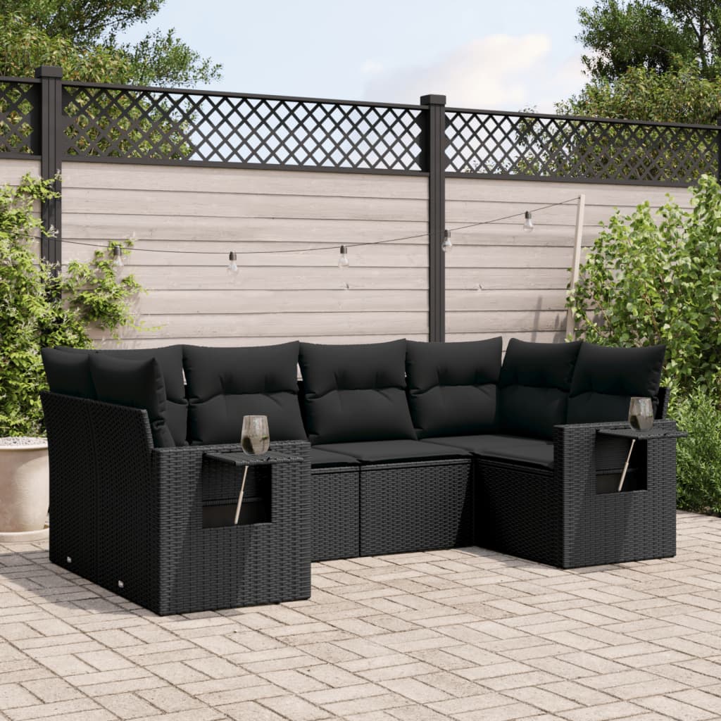 6-delige Loungeset met kussens poly rattan zwart