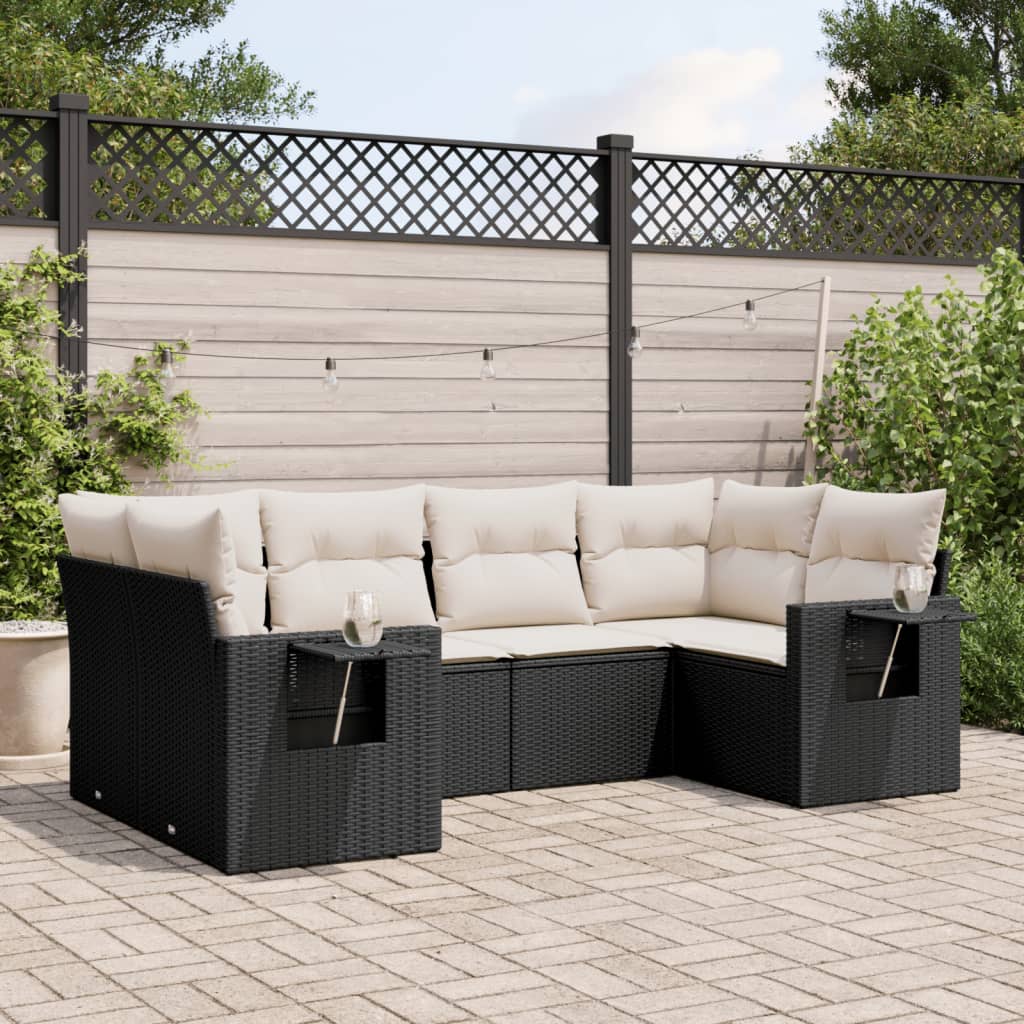 6-delige Loungeset met kussens poly rattan zwart