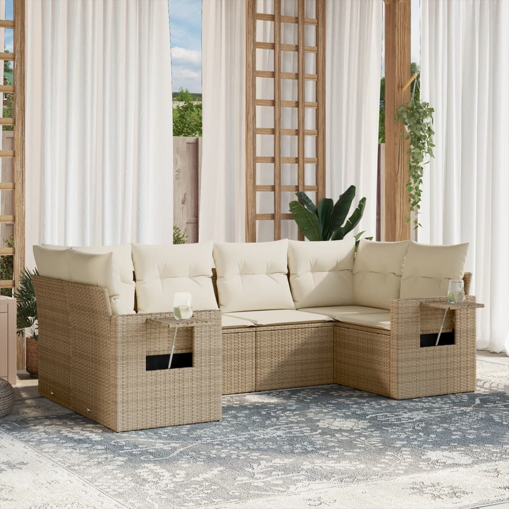 6-delige Loungeset met kussens poly rattan beige