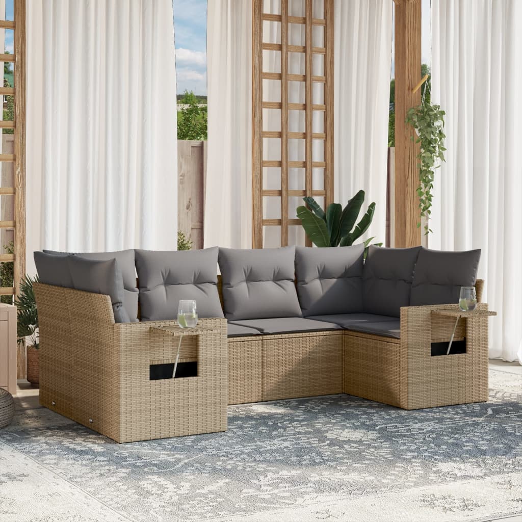 6-delige Loungeset met kussens poly rattan beige