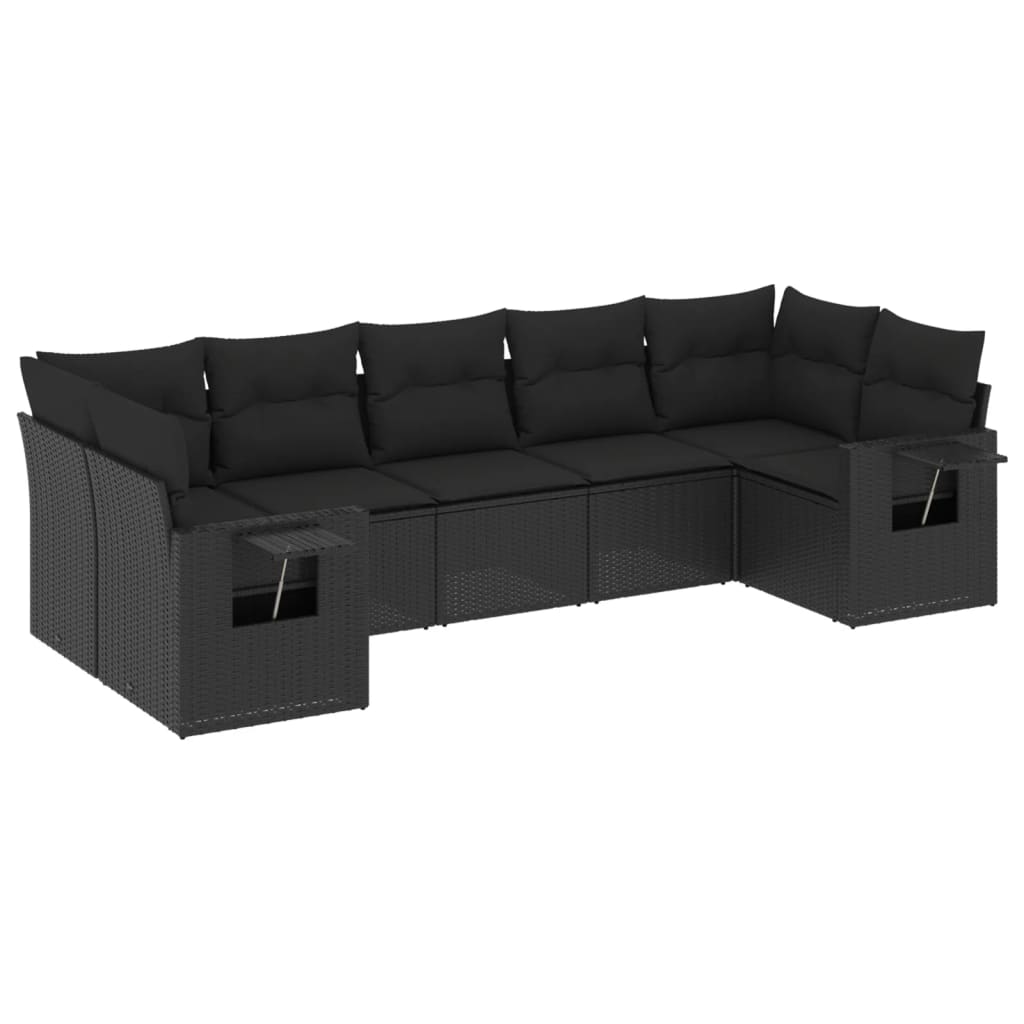 7-delige Loungeset met kussens poly rattan zwart