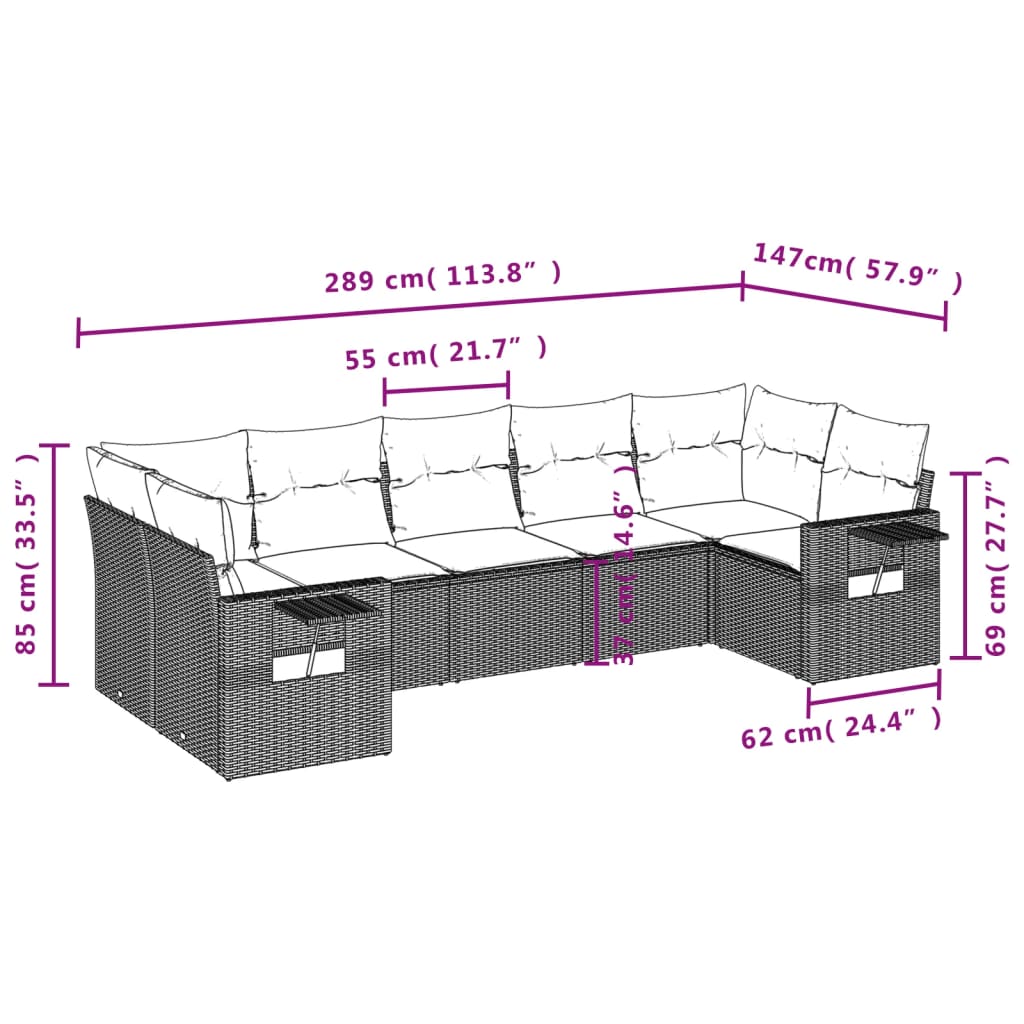 7-delige Loungeset met kussens poly rattan zwart