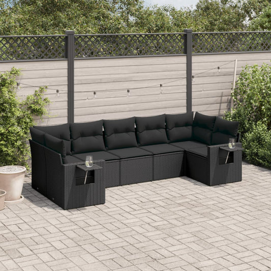 7-delige Loungeset met kussens poly rattan zwart