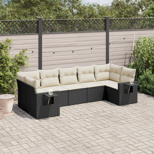 7-delige Loungeset met kussens poly rattan zwart