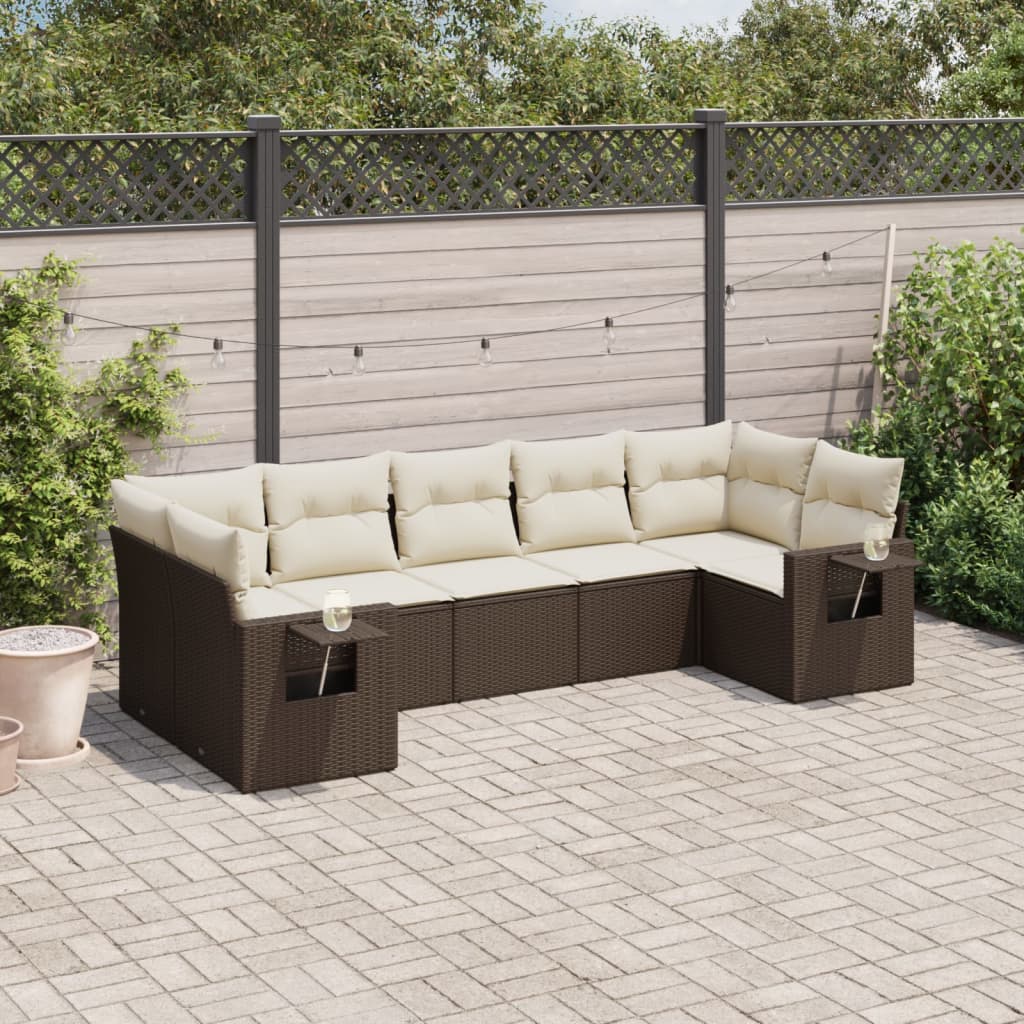 7-delige Loungeset met kussens poly rattan bruin