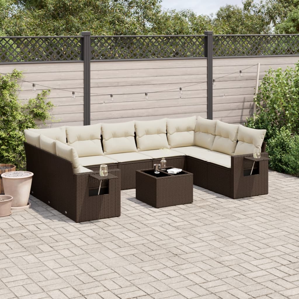 10-delige Loungeset met kussens poly rattan bruin