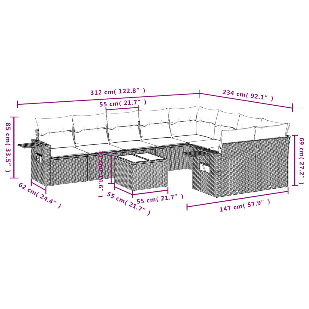 10-delige Loungeset met kussens poly rattan bruin