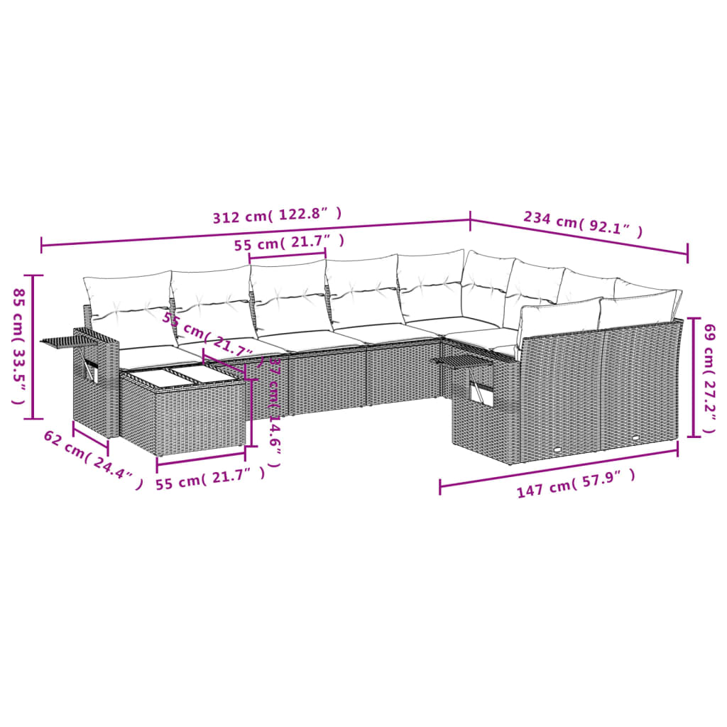 10-delige Loungeset met kussens poly rattan bruin