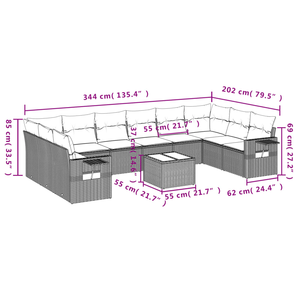 11-delige Loungeset met kussens poly rattan bruin