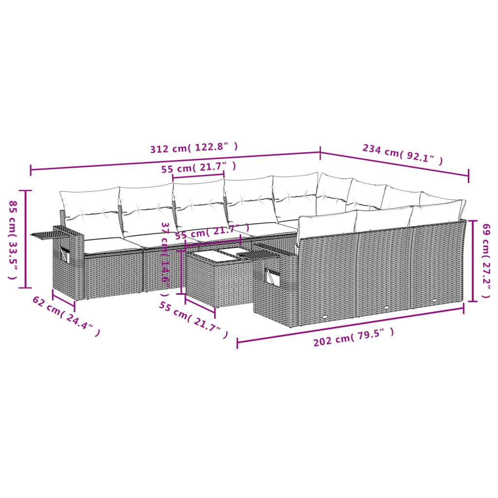 11-delige Loungeset met kussens poly rattan bruin