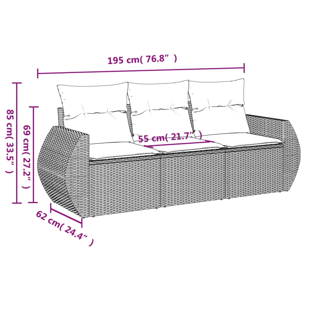 3-delige Loungeset met kussens poly rattan bruin