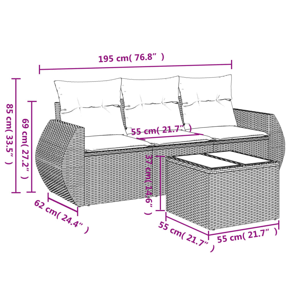 4-delige Loungeset met kussens poly rattan grijs