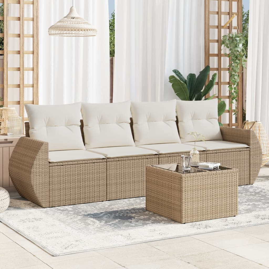 5-delige Loungeset met kussens poly rattan beige