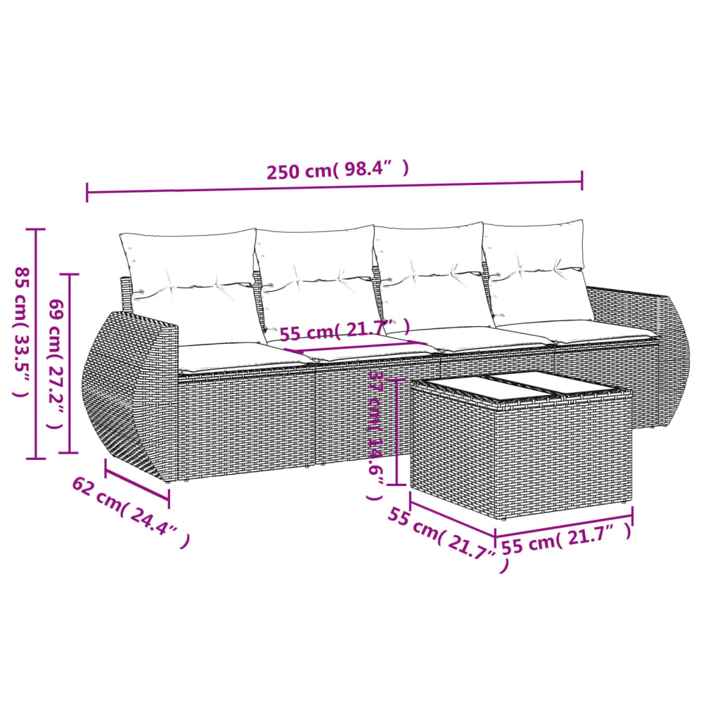 5-delige Loungeset met kussens poly rattan beige